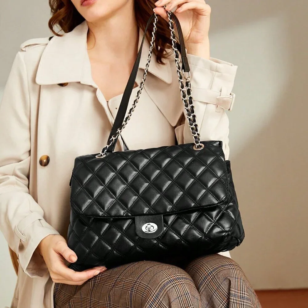 Black Elegant Women's Large Capacity Rhombic Pattern Crossbody Bag